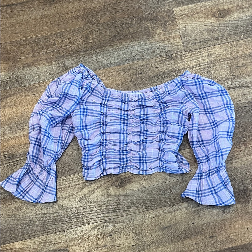 Zara Blue and Pink Plaid Off-Shoulder Blouse